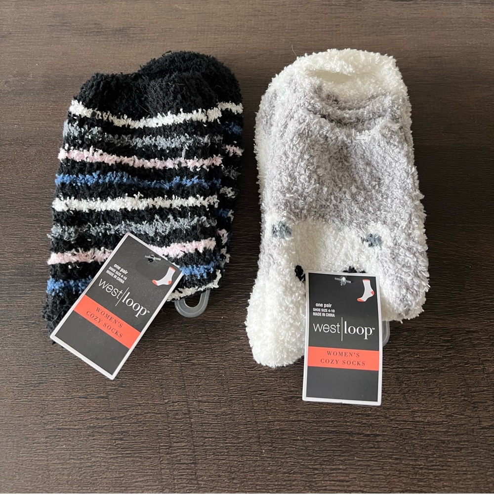 2 West Loop scarves one black one gray and 2 pair West Loop “fuzzy” socks